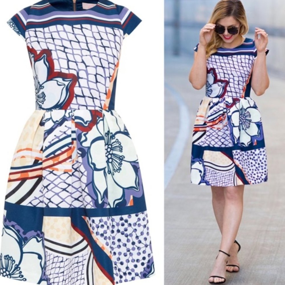 Ted Baker Wrennie Tribal Print Dress Size 1 (XS) Fit & Flare Cap Sleeve Jewel